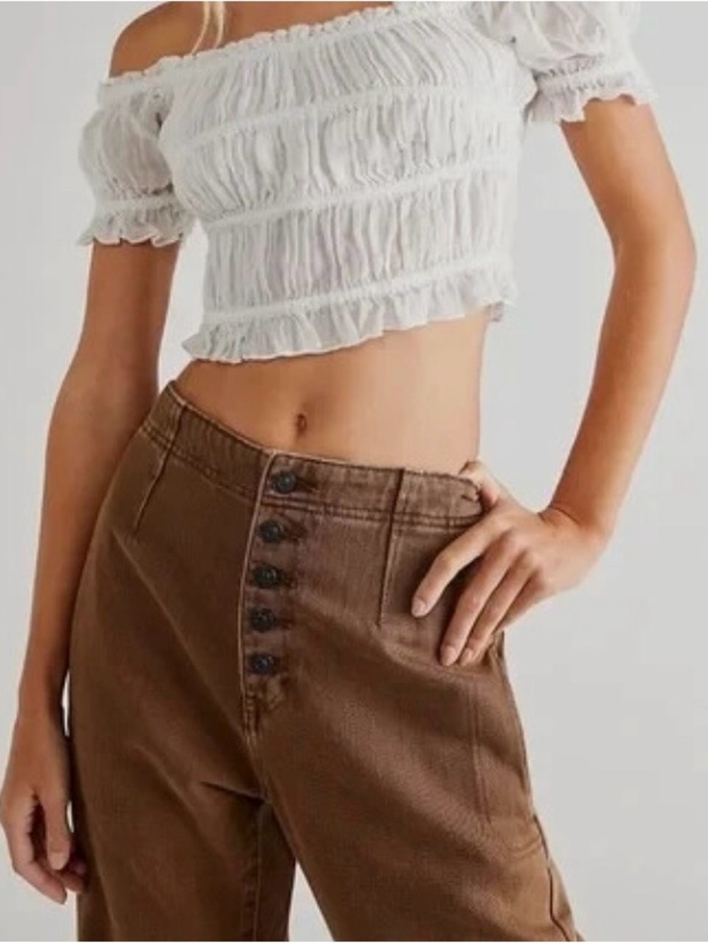 Free People FP One Cheri smocked ivory off-the-shoulder cropped blouse